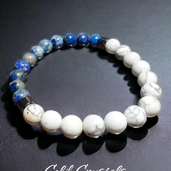 Lapis Lazuli & Howlite Bracelet Unisex Natural Stones 8mm - Picture 2 of 5